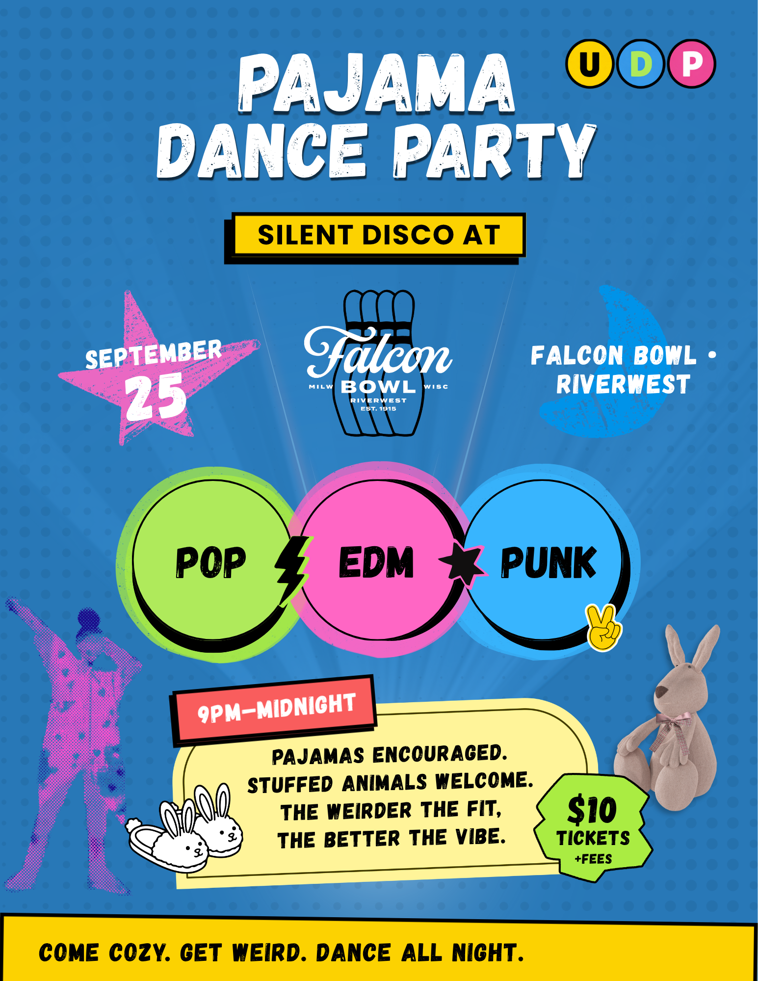 Pajama Dance Party silent disco at Falcon Bowl in Milwaukee on September 25, 2026 from 9 PM to midnight